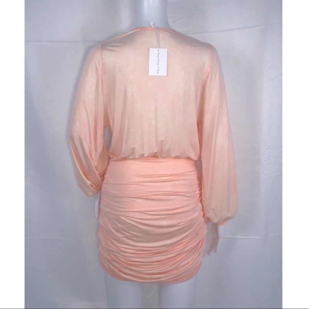 YF&B Peachy Pink Single Button Crossover Front LS Sides Ruched Mini Dress SzS - Picture 7 of 16